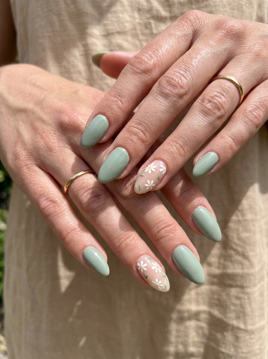 Sage Green Daisy August Nails